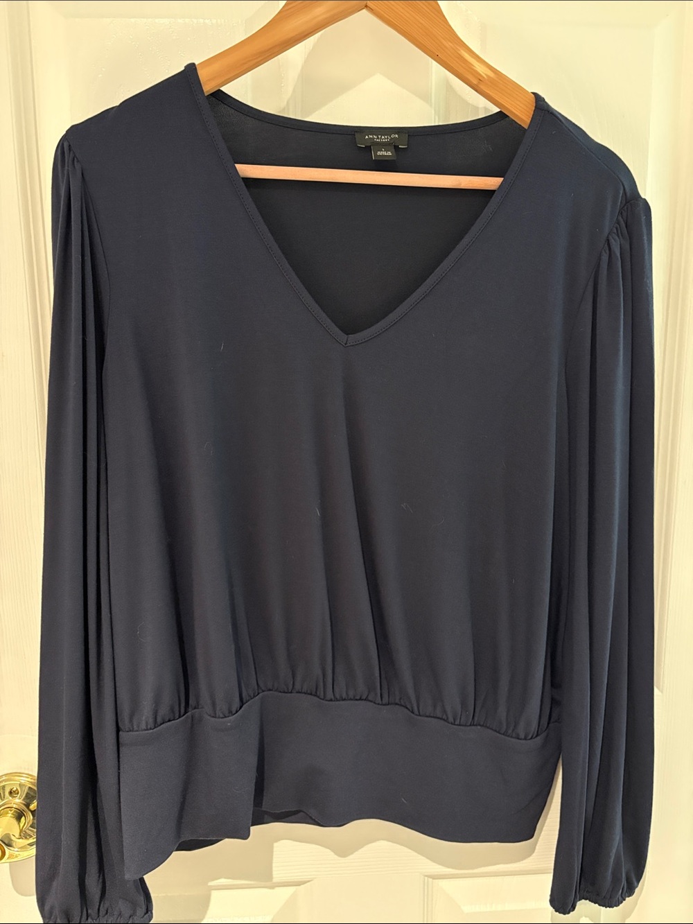 Ann Taylor Factory Navy V-Neck Long Sleeve Blouson Top with Gathered Shoulders